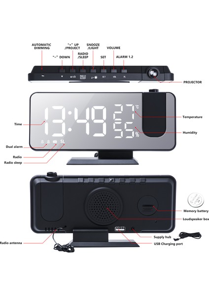 Beyaz Projeksiyon Çalar Saat Fm Radyo LED Dijital Masa Saati USB Erteleme Sıcaklık ve Nem ile 180 Projeksiyon Masaüstü Saati (Yurt Dışından) modelleri