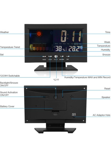 Siyah 5-In-1 LED Dijital Çalar Saat Takvim Hava Durumu Göstergesi Termometre Nem Monitörü Erteleme Fonksiyonlu (Yurt Dışından) indirimleri