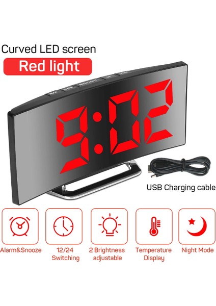 Kırmızı Kavisli Tasarım Dijital Alarmlı Saat Saat Yatak Odası Ayna Saat 12/24H Modları Ayarlanabilir Parlaklık USB Güç Kaynağı Başucu Çalar Saat (Yurt Dışından)