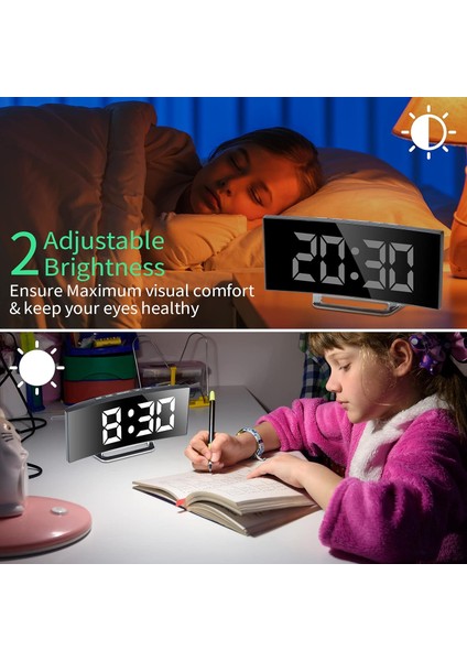 Kırmızı Kavisli Tasarım Dijital Alarmlı Saat Saat Yatak Odası Ayna Saat 12/24H Modları Ayarlanabilir Parlaklık USB Güç Kaynağı Başucu Çalar Saat (Yurt Dışından)