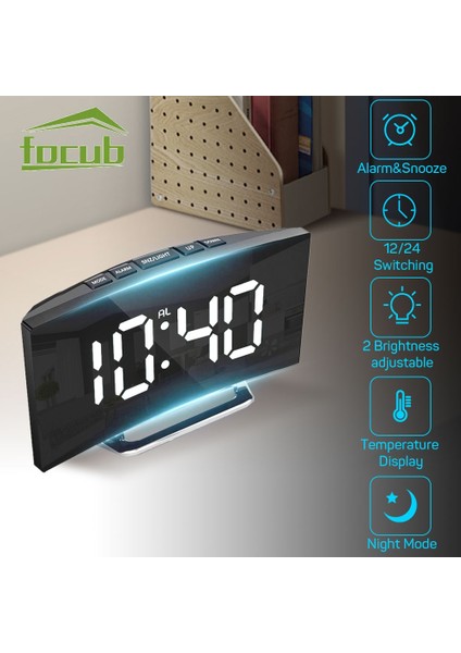 Kırmızı Kavisli Tasarım Dijital Alarmlı Saat Saat Yatak Odası Ayna Saat 12/24H Modları Ayarlanabilir Parlaklık USB Güç Kaynağı Başucu Çalar Saat (Yurt Dışından)