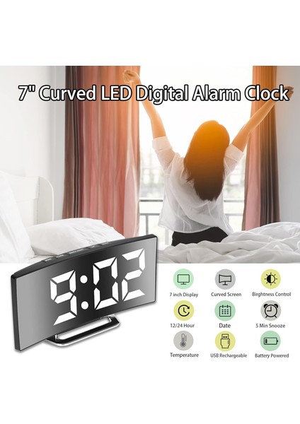 Kırmızı Kavisli Tasarım Dijital Alarmlı Saat Saat Yatak Odası Ayna Saat 12/24H Modları Ayarlanabilir Parlaklık USB Güç Kaynağı Başucu Çalar Saat (Yurt Dışından)