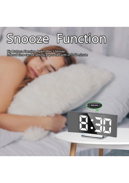 Kırmızı Kavisli Tasarım Dijital Alarmlı Saat Saat Yatak Odası Ayna Saat 12/24H Modları Ayarlanabilir Parlaklık USB Güç Kaynağı Başucu Çalar Saat (Yurt Dışından)