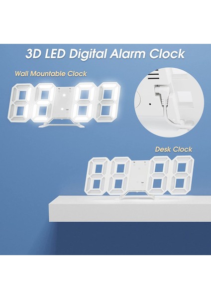Beyaz 3D LED Dijital Çalar Saat, Alarmlı Kolay Okunabilen LED Duvar / Masa Saatleri, Zaman, Termometre, Mutfak Yatak Odası Ofis Için Gece Lambası (Yurt Dışından)