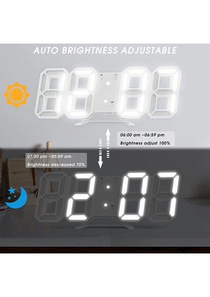 Beyaz 3D LED Dijital Çalar Saat, Alarmlı Kolay Okunabilen LED Duvar / Masa Saatleri, Zaman, Termometre, Mutfak Yatak Odası Ofis Için Gece Lambası (Yurt Dışından)