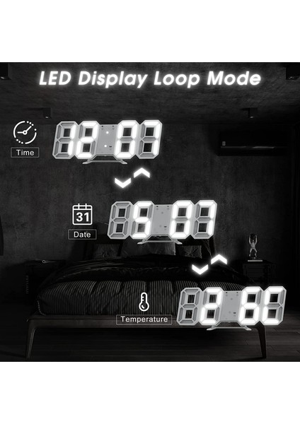 Beyaz 3D LED Dijital Çalar Saat, Alarmlı Kolay Okunabilen LED Duvar / Masa Saatleri, Zaman, Termometre, Mutfak Yatak Odası Ofis Için Gece Lambası (Yurt Dışından)