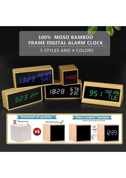 B-Red %100 Bambu LED Çalar Saatler Sıcaklık Nem Çok Işlevli Dijital Ahşap Erteleme Saati Ses Kontrolü Oturma Odasıdekorasyon (Yurt Dışından)