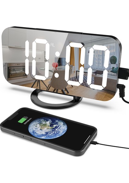 A Dijital LED Çalar Saat Ayna 2 USB Şarj Portu Gece Lambası LED Masa Saati Erteleme Fonksiyonu Ayarlanabilir Parlaklık Masa Saatleri (Yurt Dışından)