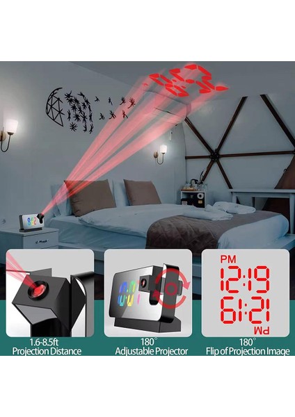 B LED Dijital Çalar Saat 180 Dönen Projeksiyon Sıcaklık Saat Fonksiyonu Ses Ayarlanabilir Erteleme Ekranı X2W1 (Yurt Dışından)