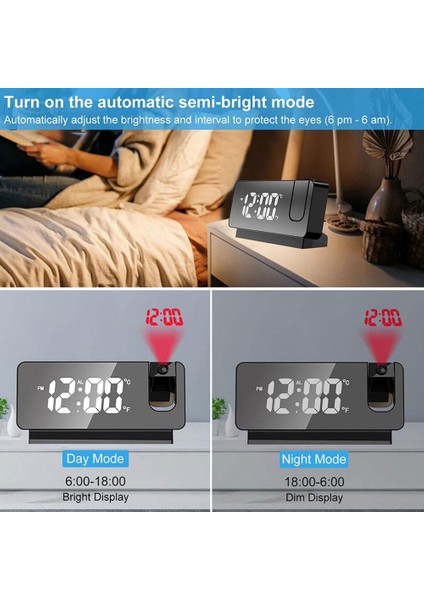 B LED Dijital Çalar Saat 180 Dönen Projeksiyon Sıcaklık Saat Fonksiyonu Ses Ayarlanabilir Erteleme Ekranı X2W1 (Yurt Dışından)
