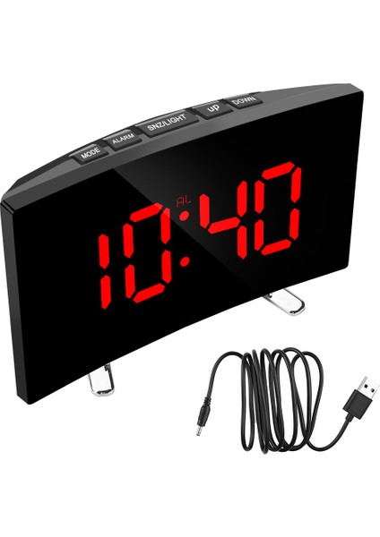 Kırmızı Yatak Odası Kavisli Kısılabilir Ayna LED Ekran Saati Büyük Sayı Masa Saati Elektrikli Gece Dijital Saat Alarm Masaüstü Izle 7 Inç (Yurt Dışından)