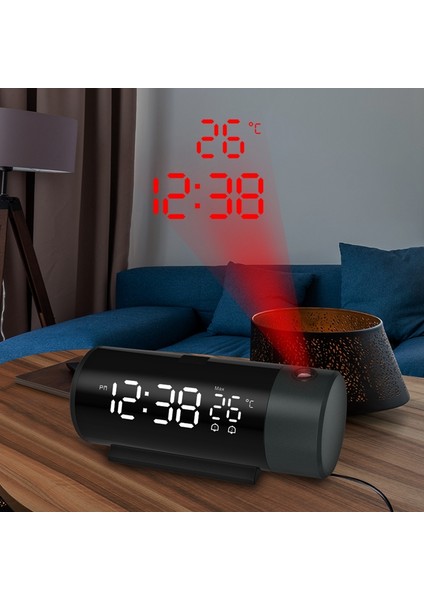 Siyah Dijital Çift Çalar Saat LED Projektör Termometre Masası Yatak Odası Başucu 180 Rotasyon Projeksiyon Erteleme Saatler USB Telefon Şarj (Yurt Dışından)