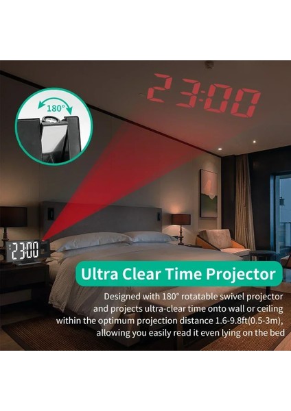 Bg 180 Rotasyon Projeksiyon Zaman Sıcaklık Dijital Erteleme Masa Saati 12/24H USB Projektör Ledsaat (Yurt Dışından)