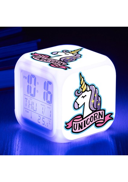 H 7 Renk Çocuklar Unicorn Lamba Çalar Saat LED Dijital Saat Uyandırma Lambası Parlayan Yenilik Işık Yatak Odası Masa Saati Dekor Bebek Hediye (Yurt Dışından)
