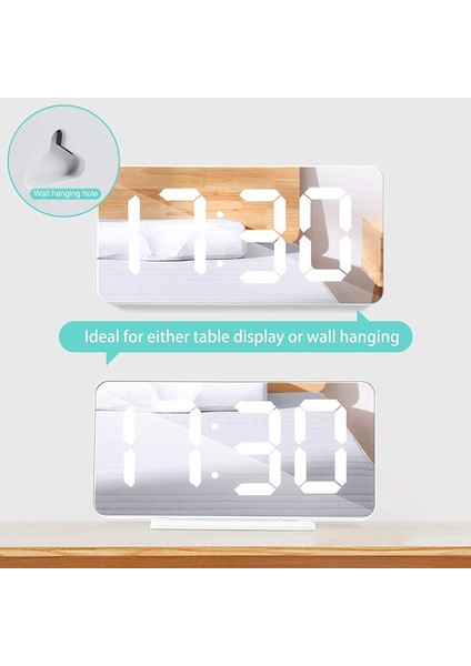 6,5 Inç Büyük Aynalı LED Ekranlı Beyaz Dijital Çalar Saat, USB Şarj Bağlantı Noktası, Parlaklık Ayarlanabilir, Erteleme Fonksiyonu (Yurt Dışından)