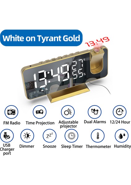 Altın Beyaz A LED Dijital Projeksiyon Çalar Saat Yatak Odası Için Tavana Projeksiyon Fm Radyo USB Telefon Şarj Cihazı Zaman Projektörü Çift Yüksek Sesli Saat (Yurt Dışından)