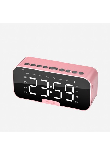 Büyük Aynalı Ekranlı Pembe LED Dijital Çalar Saat Ofis Başucu Masa Saatleri Bluetooth Hoparlör Fm Radyo Telefon Tutucu Sıcaklık (Yurt Dışından)