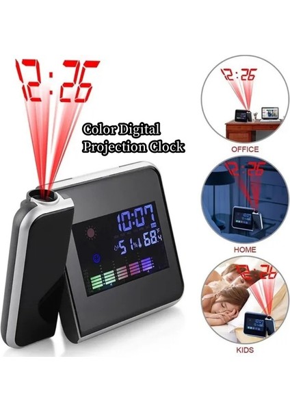 Siyah USB Kablolu LED Renkli Ekran Dijital Projeksiyon 180 Dönen Saat Arka Aydınlatmalı Ekran, Ertelemeli Çalar Saat Sıcaklık ve Nem Fonksiyonu (Yurt Dışından)
