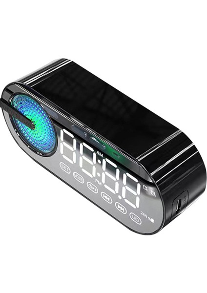 Siyah USB Şarjlı Radyo Çalar Saat Rgb Taşınabilir Bluetooth Hoparlör Fm Büyük Ekran Sessiz Ayna Dijital Yatak Odası Odası Ofis Güverte (Yurt Dışından)