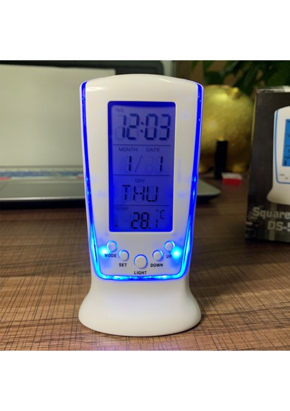 Gösterildiği Gibi Dijital LED Mavi Gece Lambası Takvim Termometre LCD Ekran Müzik Çalar Saat LCD Zaman Masaüstü Masa Saatleri (Yurt Dışından)