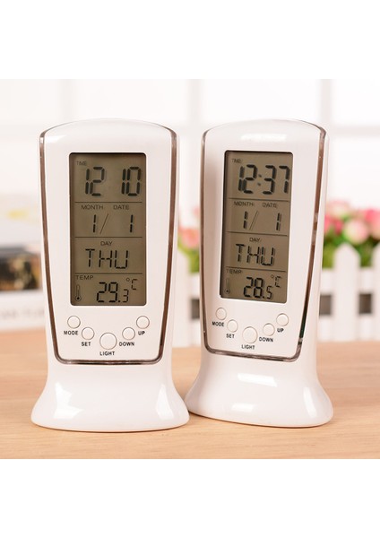 Gösterildiği Gibi Dijital LED Mavi Gece Lambası Takvim Termometre LCD Ekran Müzik Çalar Saat LCD Zaman Masaüstü Masa Saatleri (Yurt Dışından)