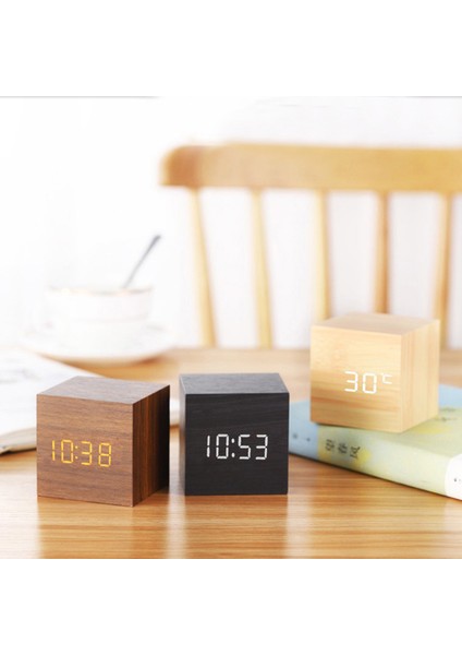 Mavi Işık Dijital Termometre Çalar Saat Ahşap LED Aydınlatmalı Ses Kontrolü Retro Glow Izle Masaüstü Masa Aydınlık Saat Ev Dekorasyon (Yurt Dışından)