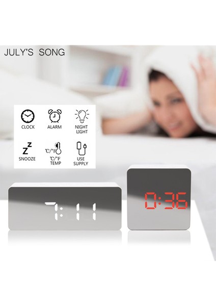 Yuvarlak-Beyaz Dijital Ayna LED Çalar Saat Gece Işıkları Termometre Duvar Saati Lamba Kare Dikdörtgen Çok Fonksiyonlu Masa Saatleri Mini Alarm (Yurt Dışından) fiyatları