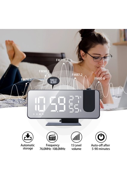Siyah Projeksiyon Çalar Saat Fm Radyo LED Dijital Masa Saati USB Erteleme Sıcaklık ve Nem 180 Projeksiyon Masaüstü Saat (Yurt Dışından) fırsatları