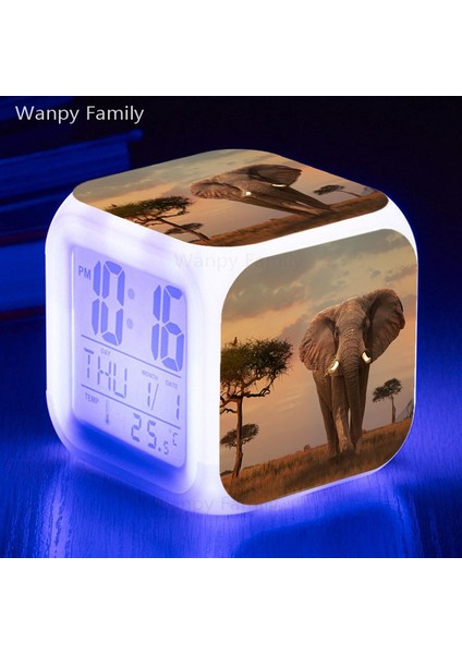 Gümüş Fil 7 Renk Parlayan LED Çalar Saat Çocuk Odası Ev Dekoru Çok Işlevli Dokunmatiksensing Wake Up Timer Taşınabilir Masa Saati (Yurt Dışından)