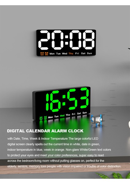 Yeşil Büyük Renkli LED Dijital Alarmlı Saat Datetemperature ile 2 Alarm Büyük Ekran Gündüz Saati Pil Yedekleme 12/24 H Duvar Saati (Yurt Dışından)