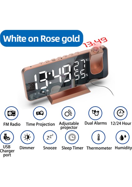 Gül Altın Üzerine Beyaz A LED Dijital Projeksiyon Çalar Saat Yatak Odası Için Tavana Projeksiyon Fm Radyo USB Telefon Şarj Cihazı Zaman Projektörü Çift Yüksek Sesli Saat (Yurt Dışından)