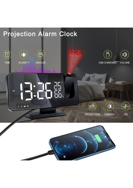 Gül Altın Üzerine Beyaz A LED Dijital Projeksiyon Çalar Saat Yatak Odası Için Tavana Projeksiyon Fm Radyo USB Telefon Şarj Cihazı Zaman Projektörü Çift Yüksek Sesli Saat (Yurt Dışından)
