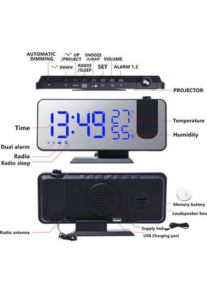Gül Altın Üzerine Beyaz A LED Dijital Projeksiyon Çalar Saat Yatak Odası Için Tavana Projeksiyon Fm Radyo USB Telefon Şarj Cihazı Zaman Projektörü Çift Yüksek Sesli Saat (Yurt Dışından)