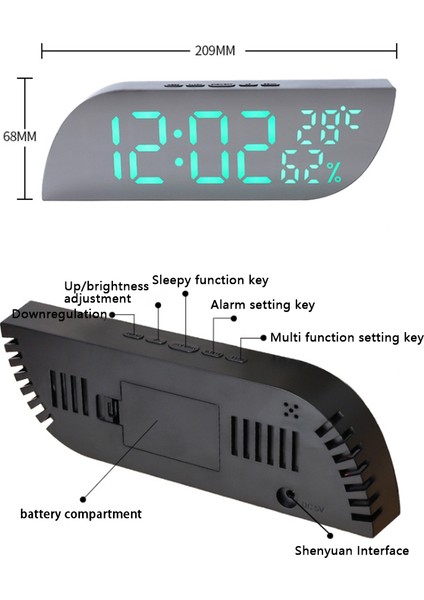 Beyaz Işık Sweethome Abs LED Ayna Yüzeyli Dijital Saat Sıcaklık Nem Algılama Erteleme Işlevi Yatak Odası Başucu Için Dijital Saat (Yurt Dışından)