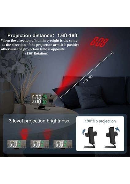 Siyah Gövde Yeşil Projeksiyon Dijital Alarmlı Saat Saat Sıcaklık Nem Gece Modu Erteleme Masa Saati 12/24 H USB Projektör LED Saat (Yurt Dışından)