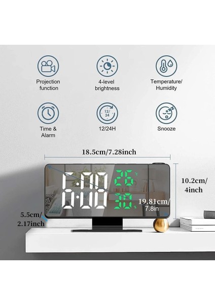 Siyah Gövde Yeşil Projeksiyon Dijital Alarmlı Saat Saat Sıcaklık Nem Gece Modu Erteleme Masa Saati 12/24 H USB Projektör LED Saat (Yurt Dışından)