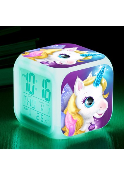 E 7 Renkli Çocuk Unicorn Lamba Çalar Saat LED Dijital Saat Uyanma Lambası Parlayan Yenilikçi Işık Yatak Odası Masa Saati Dekor Bebekhediye (Yurt Dışından)