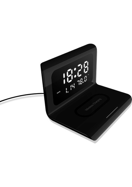 Siyah Kablosuz Şarj Zaman Çalar Saat LED Dijital Termometre Kulaklık Telefon Şarj Cihazları Iphone Samsung Için Hızlı Şarj Dock Istasyonu (Yurt Dışından)