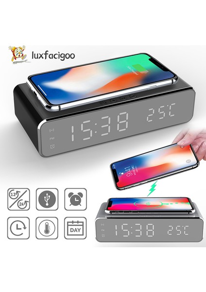 Siyah Kablosuz Şarj Zaman Çalar Saat LED Dijital Termometre Kulaklık Telefon Şarj Cihazları Iphone Samsung Için Hızlı Şarj Dock Istasyonu (Yurt Dışından) fiyatları