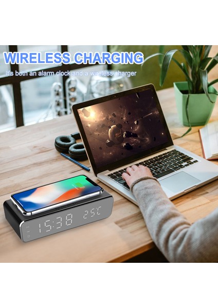 Siyah Kablosuz Şarj Zaman Çalar Saat LED Dijital Termometre Kulaklık Telefon Şarj Cihazları Iphone Samsung Için Hızlı Şarj Dock Istasyonu (Yurt Dışından) modelleri