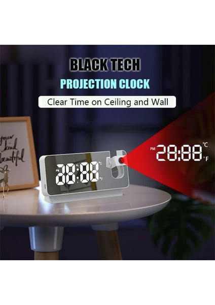 Beyaz Yaratıcı 180 Kol Projeksiyonlu Dijital Çalar Saat Sıcaklık Nem Gece Modu Erteleme Masa Saati 12/24H Projektör LED Saat (Yurt Dışından)