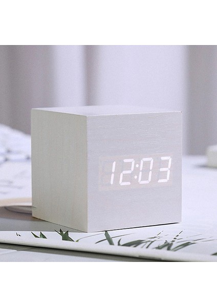 Yatak Odaları Için Küçük Beyaz Ahşap Kare LED Akıllı Alarm Saatleri, Sıcaklıklı Dijital Başucu Saati, Ses Kontrolü, Masaüstü Saati (Yurt Dışından)