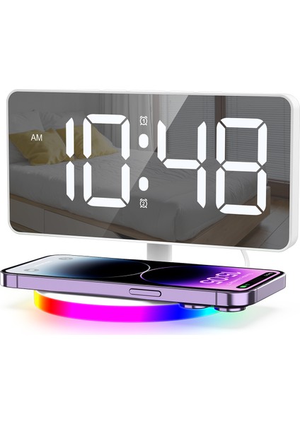 Oria Dijital Çalar Saat Kablosuz Şarj Istasyonu Saat Rgb Atmosfer Gece Lambası Ayna LED Çalar Saat Yeni