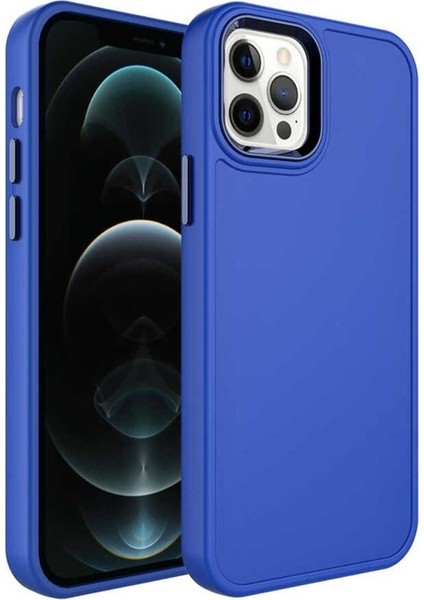 Apple iPhone 12 Pro Uyumlu Kılıf Metal Çerçeve ve Buton Tasarımlı Sert Zore Botox Kapak, Saks Mavi