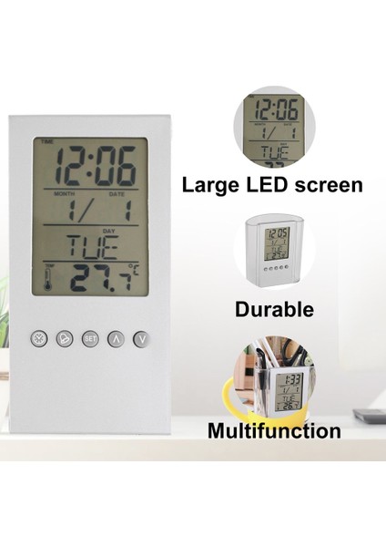 Gri Abs Çok Işlevli Masa Kalemlik Evrensel LCD Ekranlı Çalar Saat Termometre Takvimdayanıklı Kalem Tutucu Çalar Saat (Yurt Dışından) fiyatları