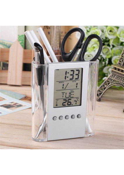 Gri Abs Çok Işlevli Masa Kalemlik Evrensel LCD Ekranlı Çalar Saat Termometre Takvimdayanıklı Kalem Tutucu Çalar Saat (Yurt Dışından) fırsatları