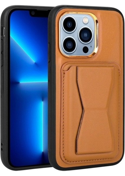 Apple iPhone 12 Pro Uyumlu Kılıf Kartlıklı Standlı Pu Deri Zore Memo Kapak, Kahve Açık