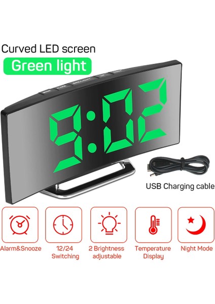 Yeşil Kavisli Tasarım Dijital Çalar Saat Yatak Odası Ayna Saat 12/24H Modları Ayarlanabilir Parlaklık USB Güç Kaynağı Başucu Çalar Saat (Yurt Dışından)