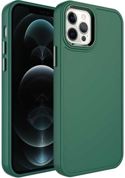 Apple iPhone 12 Pro Uyumlu Kılıf Metal Çerçeve ve Buton Tasarımlı Sert Zore Botox Kapak, Koyu Yeşil