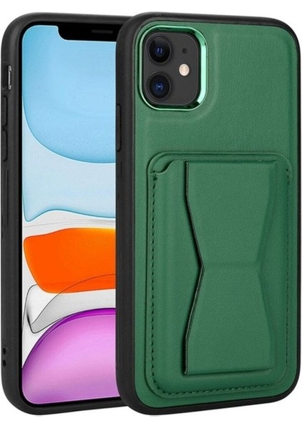 Apple iPhone 12 Uyumlu Kılıf Kartlıklı Standlı Pu Deri Zore Memo Kapak, Koyu Yeşil